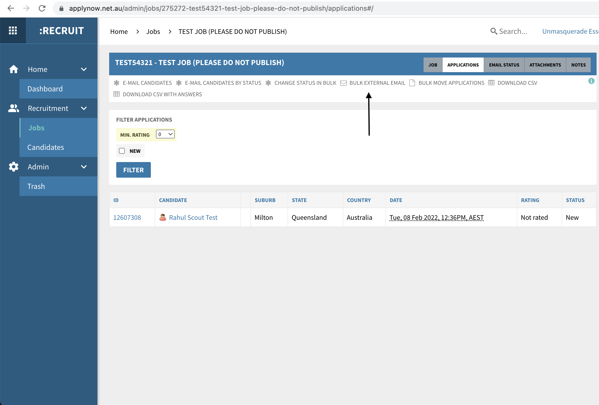 Recruit Essentials bulk external email function shares application data