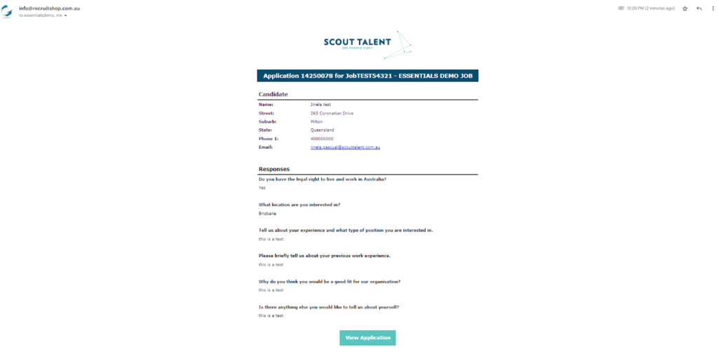 Send automatic email notifications for all new applications from within your ATS