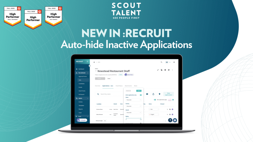 Banner promoting Scout Talent feature: 'Auto-hide Inactive Applications' with a laptop dashboard on a teal gradient background.