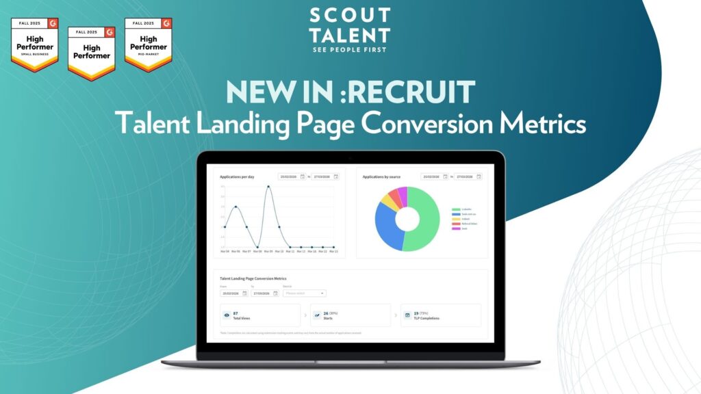 Laptop screen displaying a talent analytics dashboard with line and donut charts on a teal gradient banner featuring Scout Talent branding and 'New in: Recruit' text