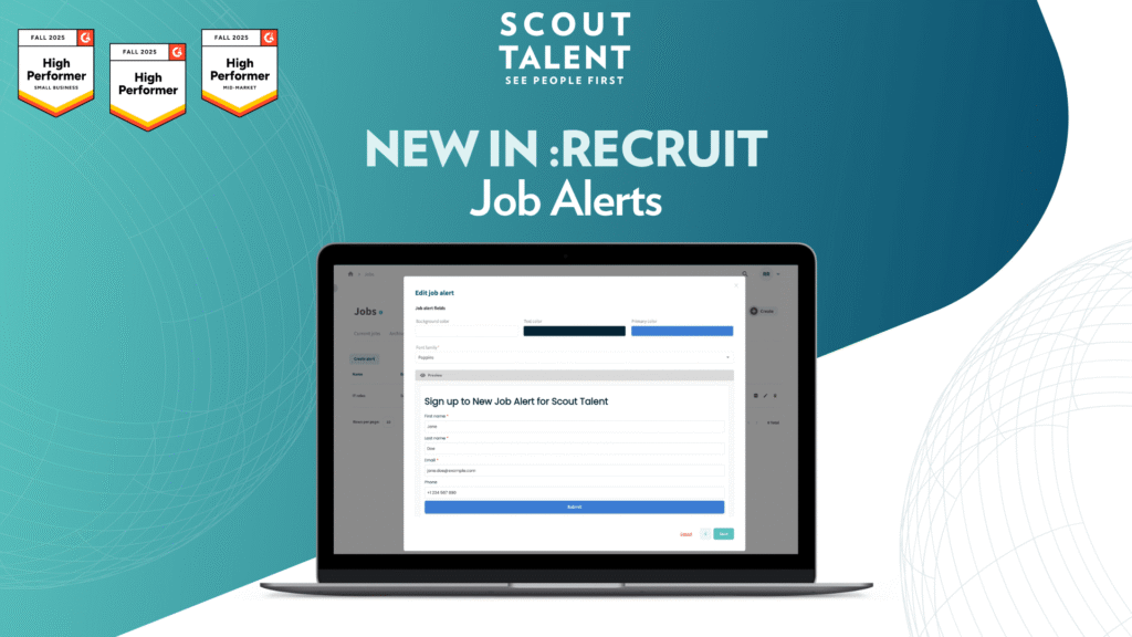 Hero banner: Scout Talent announcing 'New in: Recruit Job Alerts' with a laptop screen showing a sign-up form on a teal gradient background