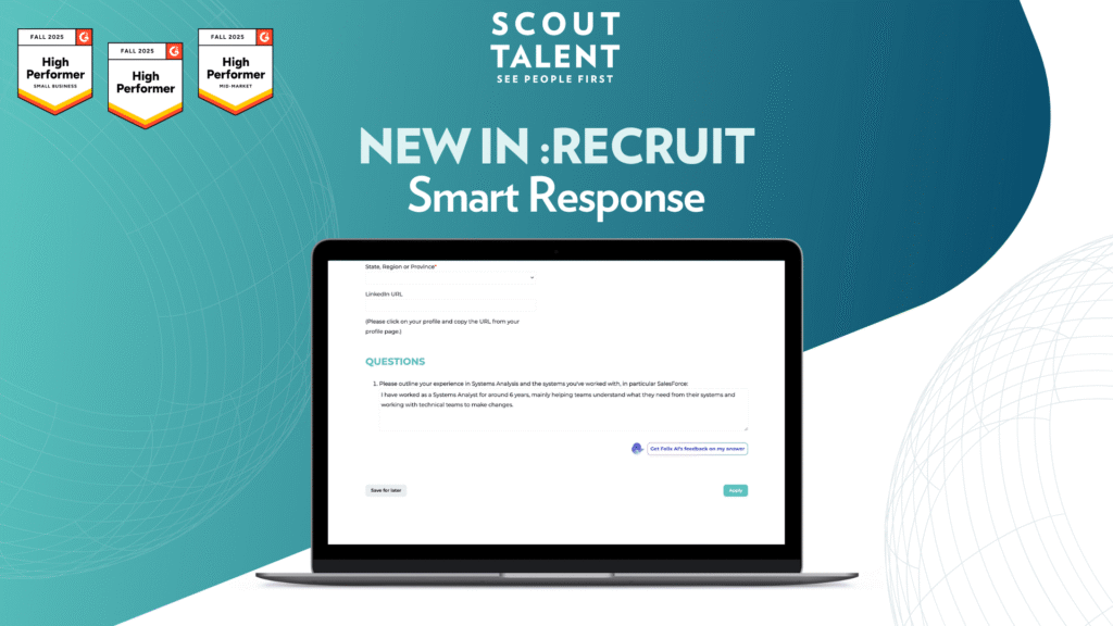 Hero banner for Scout Talent: NEW IN: RECRUIT Smart Response with a laptop showing a form on screen and globe graphics on teal background.
