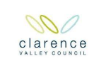 Clarence Valley Council logo with three pastel swooshes above the words 'clarence' and 'VALLEY COUNCIL'.