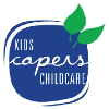 Kids Capers Childcare logo — blue rounded square with white cursive text and two green leaves.