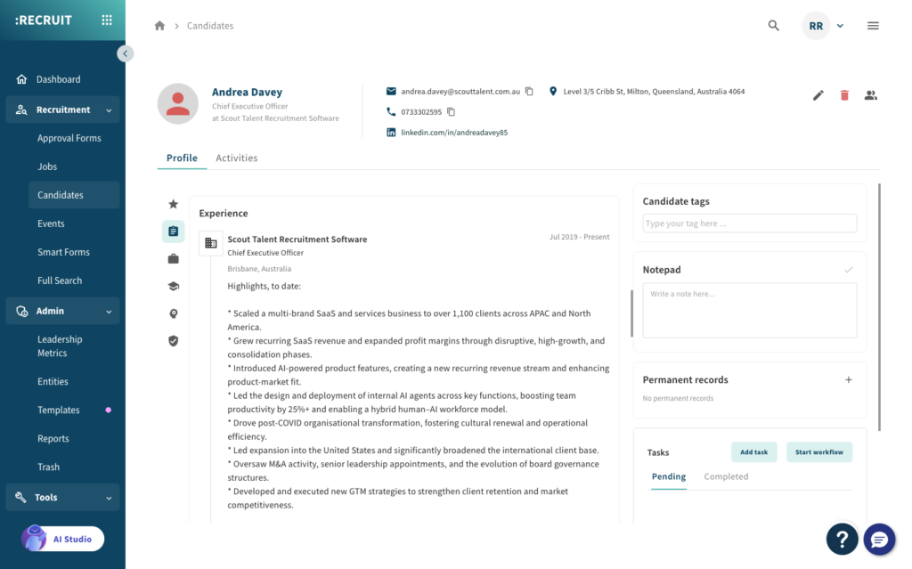 Recruitment dashboard displaying Andrea Davey’s candidate profile with contact info and an Experience section.