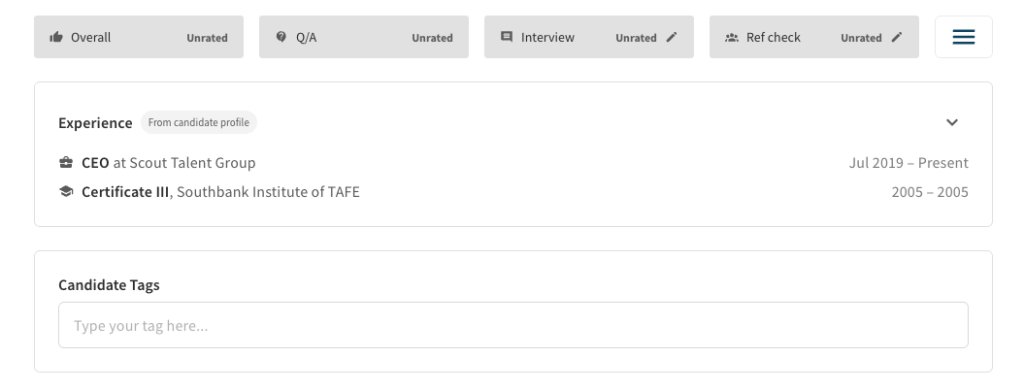 Candidate profile editor showing experience entries: CEO at Scout Talent Group (Jul 2019–Present) and Certificate III at Southbank Institute of TAFE (2005–2005), with a Candidate Tags input field below.
