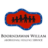 Logo for BoornDawan William Aboriginal Healing Service featuring a red oval with a blue border and silhouettes of people holding hands.