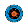 Circular logo with an orange gear-like symbol in the center and a blue outer ring containing text around the edge.