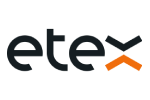 Etex logo: dark blue lowercase wordmark with an orange chevron accent at the end.