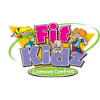 Colorful logo for Fit Kidz, featuring cartoon kids and bold pink and yellow lettering promoting kids' fitness.