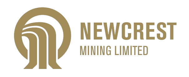 Newcrest Mining Limited logo: gold circular emblem with curved arches beside the gold wordmark on a black background.