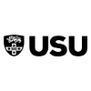Utah State University shield emblem next to bold 'USU' wordmark, the university's logo.