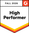 Fall 2026 G2 High Performer badge with orange G2 logo in the top-right and yellow/orange chevrons along the bottom edge.