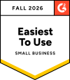 Award badge: Fall 2026, 'Easiest To Use' for Small Business, with orange G2 logo in the top-right.