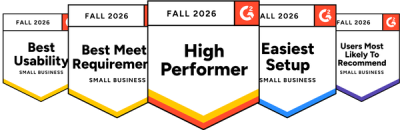 Row of Fall 2026 award ribbons: Best Usability, Best Meeting Requirements, High Performer, Easiest Setup, and Users Most Likely To Recommend, with G2 logos.