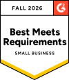 Award badge: Fall 2026 — Best Meets Requirements, Small Business, with G2 logo in the corner.