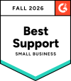 Award badge: 'Best Support' for Small Business, Fall 2026, with an orange G2 logo in the top-right corner.