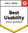 Fall 2026 Best Usability – Small Business badge featuring an orange G2 logo in the top-right and a yellow bottom trim.